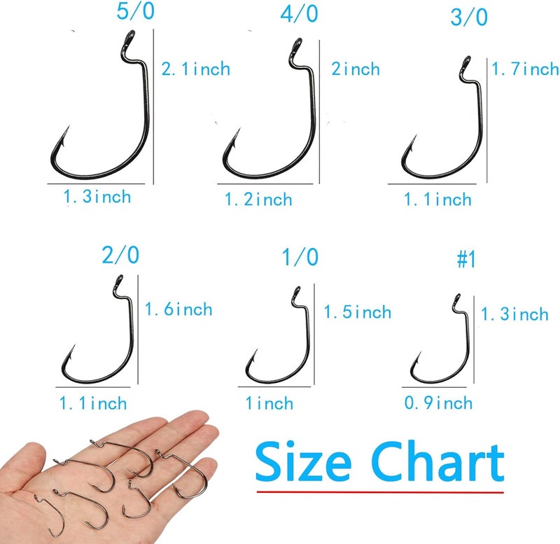 Afmivs Worm Hooks for Bass Fishing Hooks, 110pcs Bass Hooks Fishing, 6 Sizes Fishing Hooks Freshwater, Eagle Claw Hooks #1 1/0 2/0 3/0 4/0 5/0 Black High Carbon Steel with Portable Plastic Box - Image 4